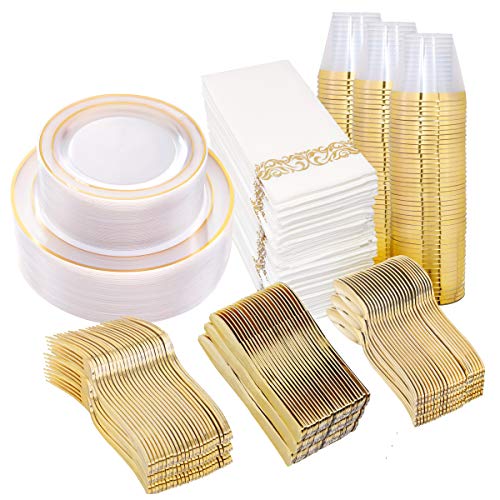 I00000 350Pcs Gold Dinnerware Set for 50 Guests, Gold Plastic Plates for Party, Include: 100 Disposable Plastic Plates, 50 Paper Napkins, 50 Cups, 50 Silverware Set Perfect for Party & Wedding