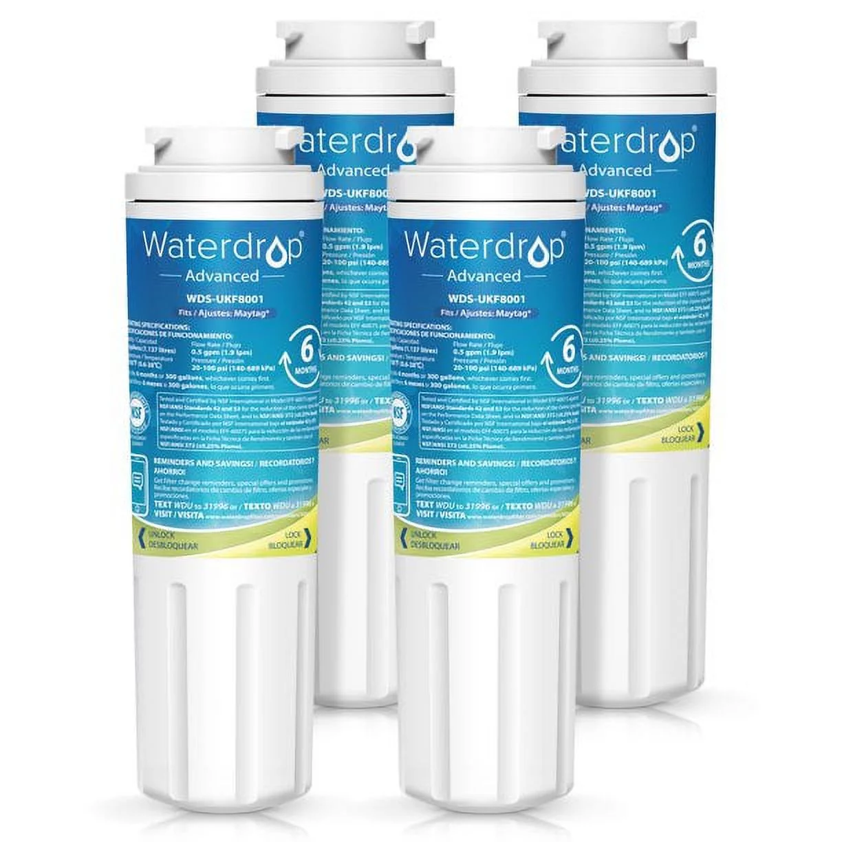 Waterdrop UKF8001 Refrigerator Water Filter, Replacement for Maytag UKF8001, UKF8001AXX-750, UKF8001AXX-200, Whirlpool EDR4RXD1, 469006, Filter 4,  NSF 53&42 Certified (4 Pack)
