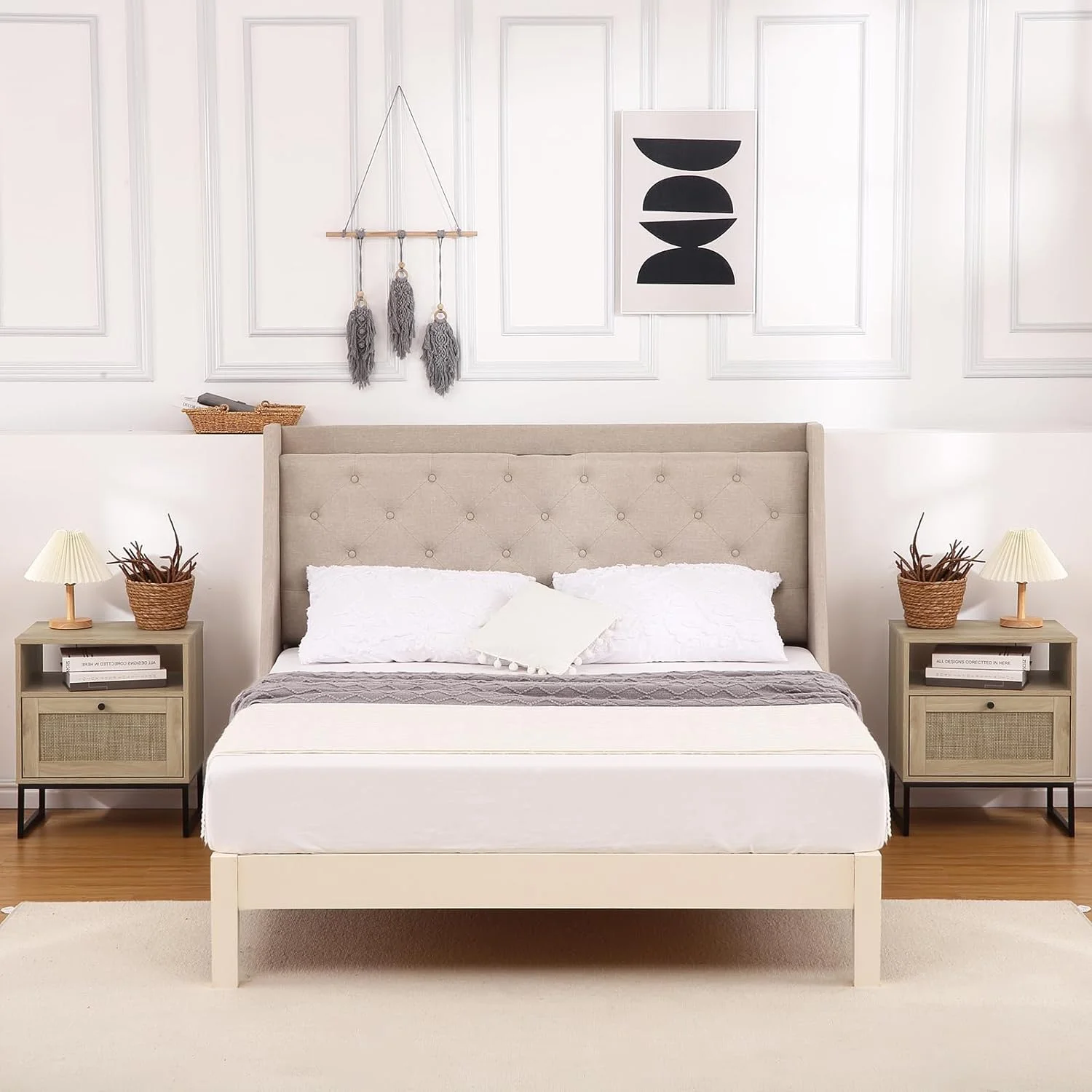 Tropow Rattan Bedside Table, Nightstand with Rattan Accent Drawers, Mid-Century Modern End Table, Natural Wood Side Table, Decorative Table for Bedroom, Living Room, Oak