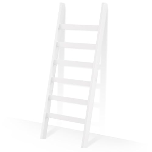 Blanket Ladder, 6 Tier Blanket Holder, 68.9 Inch Tall Blanket Rack, Ladder Shelf Against The Wall, Rustic Bamboo Quilt Rack Stand in Bathroom, Living Room, Bedroom, White