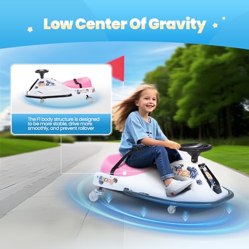 24v Electric Drifting Go Kart for Kids Ages 3+ Rechargeable Two Speed Switch Car with Safety and Simplified Drifting System Anti-Rollover Indoor and Outdoor Fun for 175 Lbs(Pink)