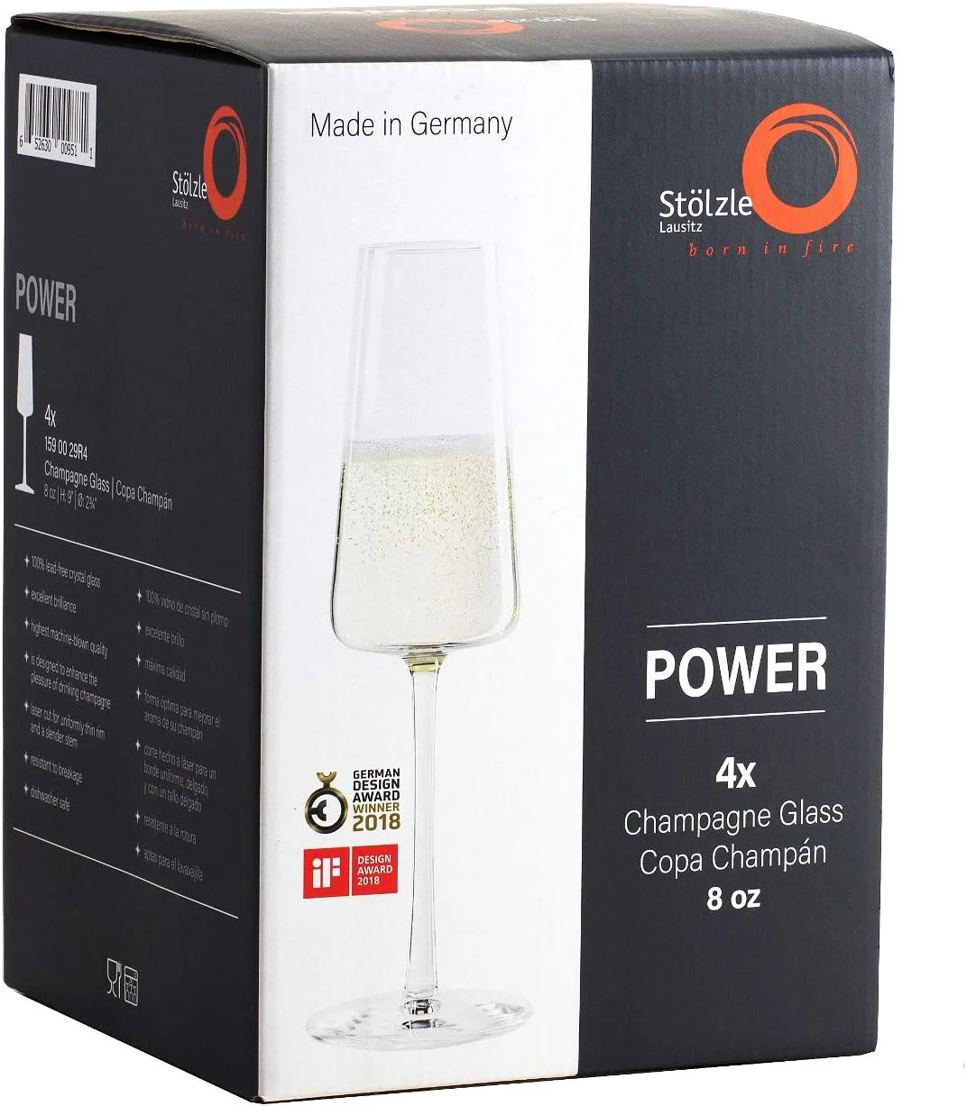 Power German Made Crystal Champagne Flute Glass, Set Of 4