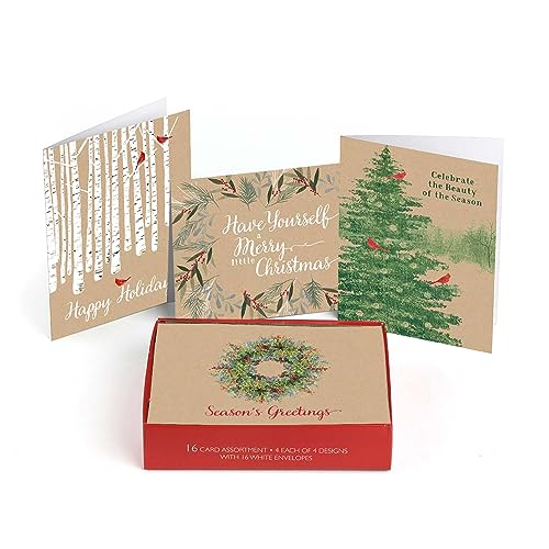 Masterpiece Holiday Greetings Trimmed In Scarlet Christmas Cards / 16 Boxed Snowy Cardinal Wreath Holiday Cards With Silver Foil Lined Envelopes / 5 5/8