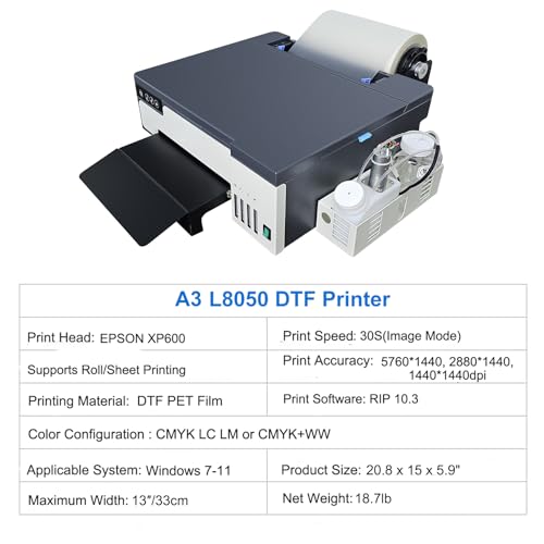 DTF Printer Machine - with XP600 Printhead, Faster Speed Higher Resolution 5760 * 1440dpi, T Shirt Printer DTF Transfer Machine with Roll Feeder, White Ink Mixing System (L8050)
