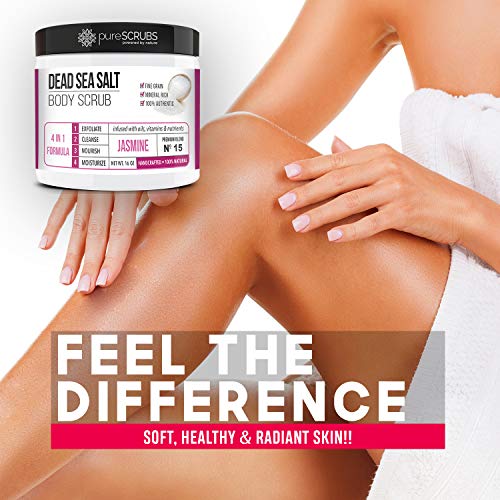 pureSCRUBS Premium Eucalyptus Body Scrub Set - Large 16oz Dead Sea Salt Body Scrub With Infused Essential Oils & Nutrients, Includes Wooden Spoon, Loofah & Oatmeal Exfoliating Bar Soap