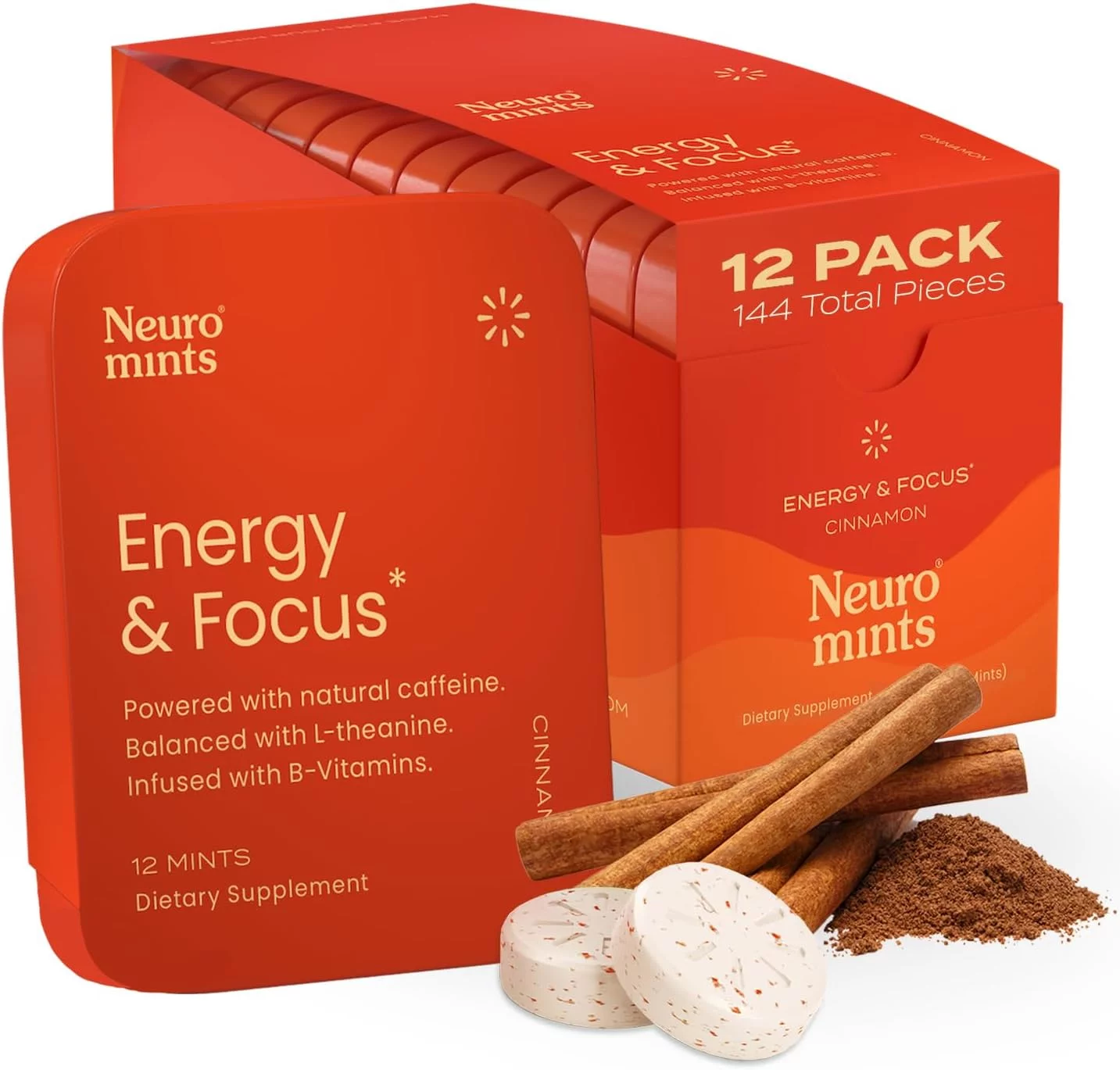 NeuroMints Cinnamon Caffeine Mints with L Theanine and Vitamin B6 B12 Energy and Brain Supplement Nootropics, 12 Pack (144 Count)