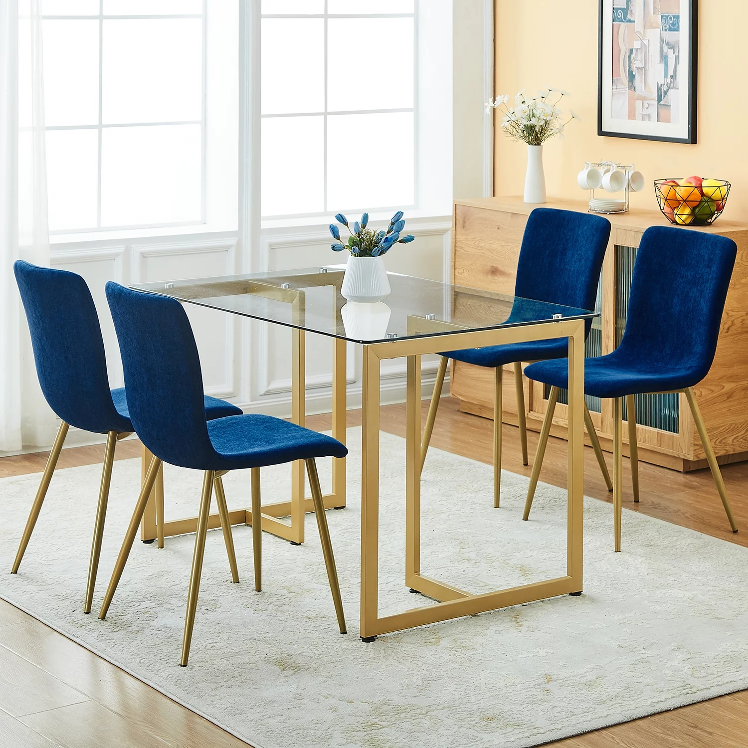 Homy Casa Modern Dining Chairs Set of 4, Upholstered Velvet Fabric Side Chairs with Gold Metal Legs, Navy Blue