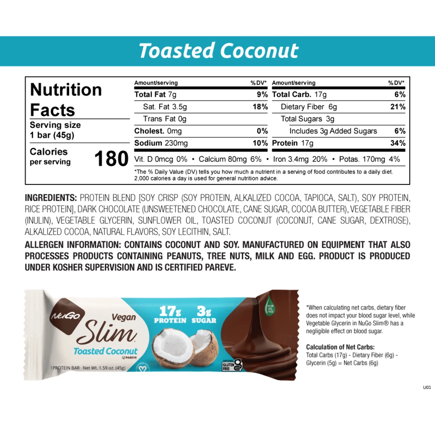 NuGo Slim Dark Chocolate Toasted Coconut, 16g Vegan Protein, 3g Sugar, 7g Fiber, 190 Calories, Low Net Carbs, Gluten Free, 12 Count