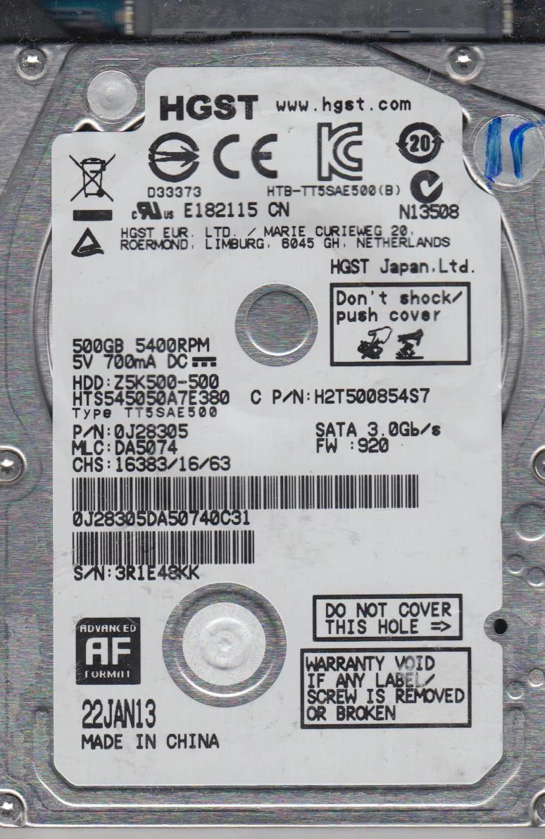 HTS545050A7E380, PN 0J28305, MLC DA5074, Hitachi 500GB SATA 2.5 Hard Drive
