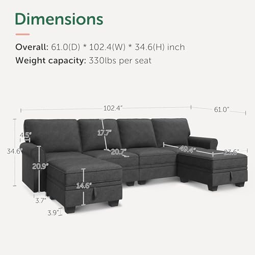 HONBAY Sectional Sofa with Storage Seat U Shaped Sectional Couch with Reversible Chaise Convertible Sectional Couches for Living Room,Light Grey