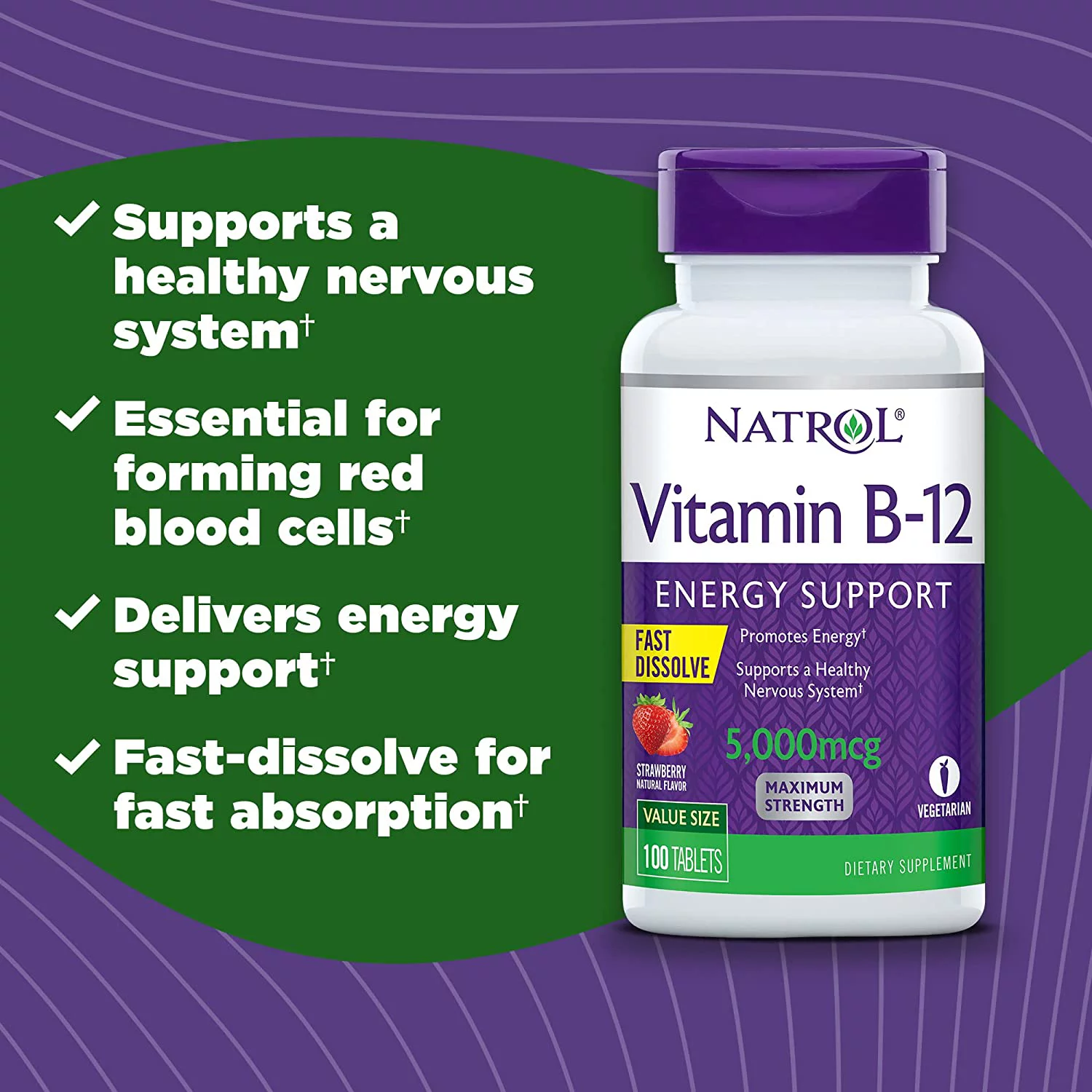 Natrol Vitamin B-12 5000mcg Fast Dissolve Tablets, Strawberry 100 ea (Pack of 3)