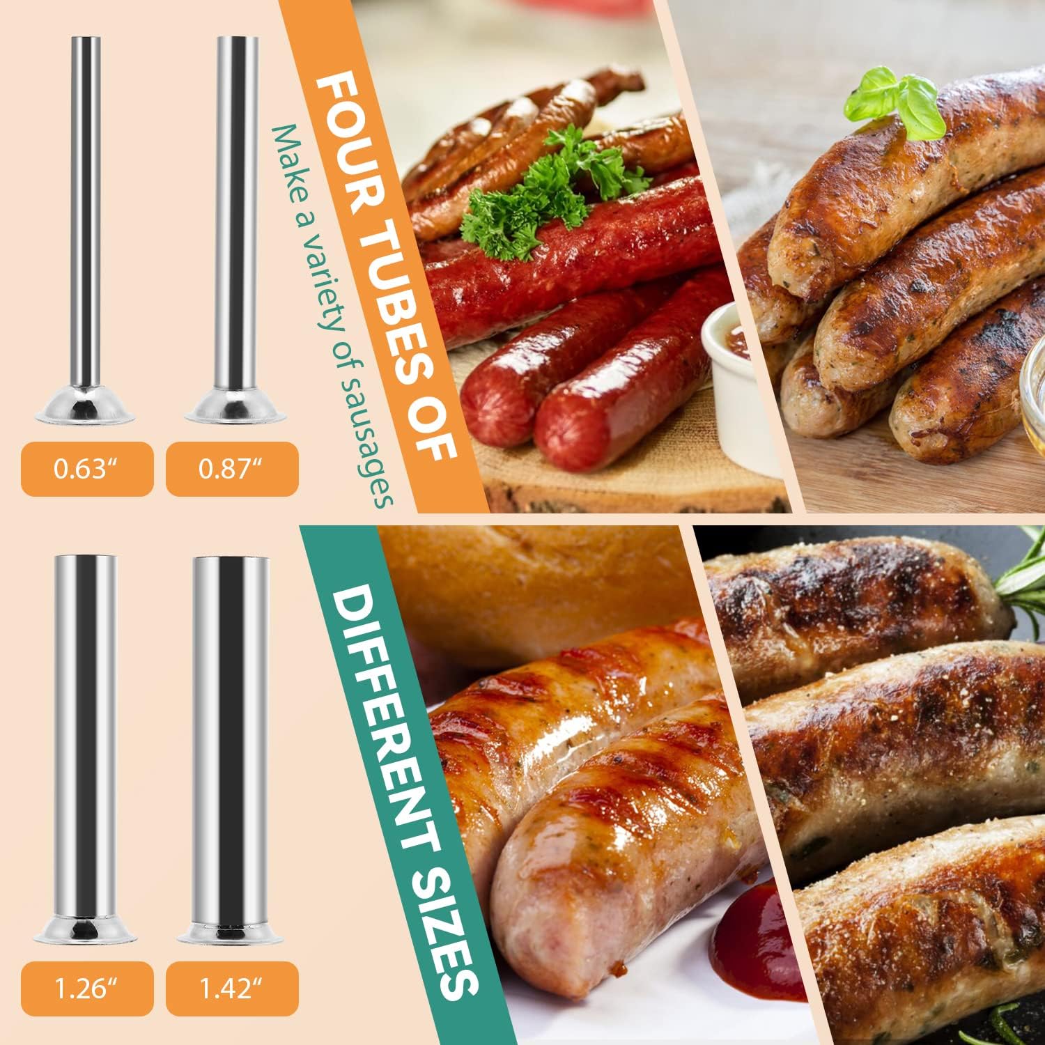 Newhai Manual Sausage Stuffer Stainless Steel Vertical Sausage Maker with 4 Sausage Tubes Meat Filler Home and Commercial Use (2L)