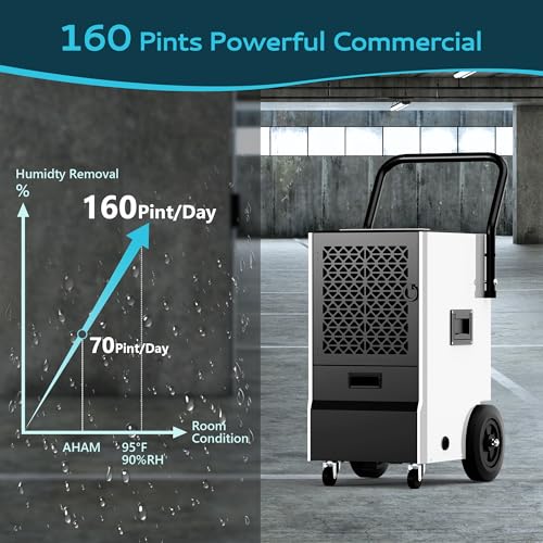 EUHOMY 160 Pints Commercial Dehumidifier for Basement,Large Dehumidifier for Basement With Drain Hose,Timer and 4 Wheels,Industrial Dehumidifiers for Flood Repair,Drying Basement,Warehouse and Factory