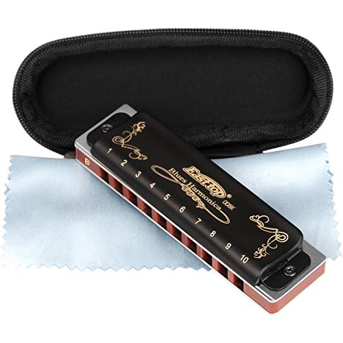 Easttop Professional Harmonica Blues Key of G 10 Hole 20 Tone Heavy Duty with Case & Cleaning Cloth for Professional Player,Beginner,Students,by Eison-East Top,Black,Great Christmas Gift