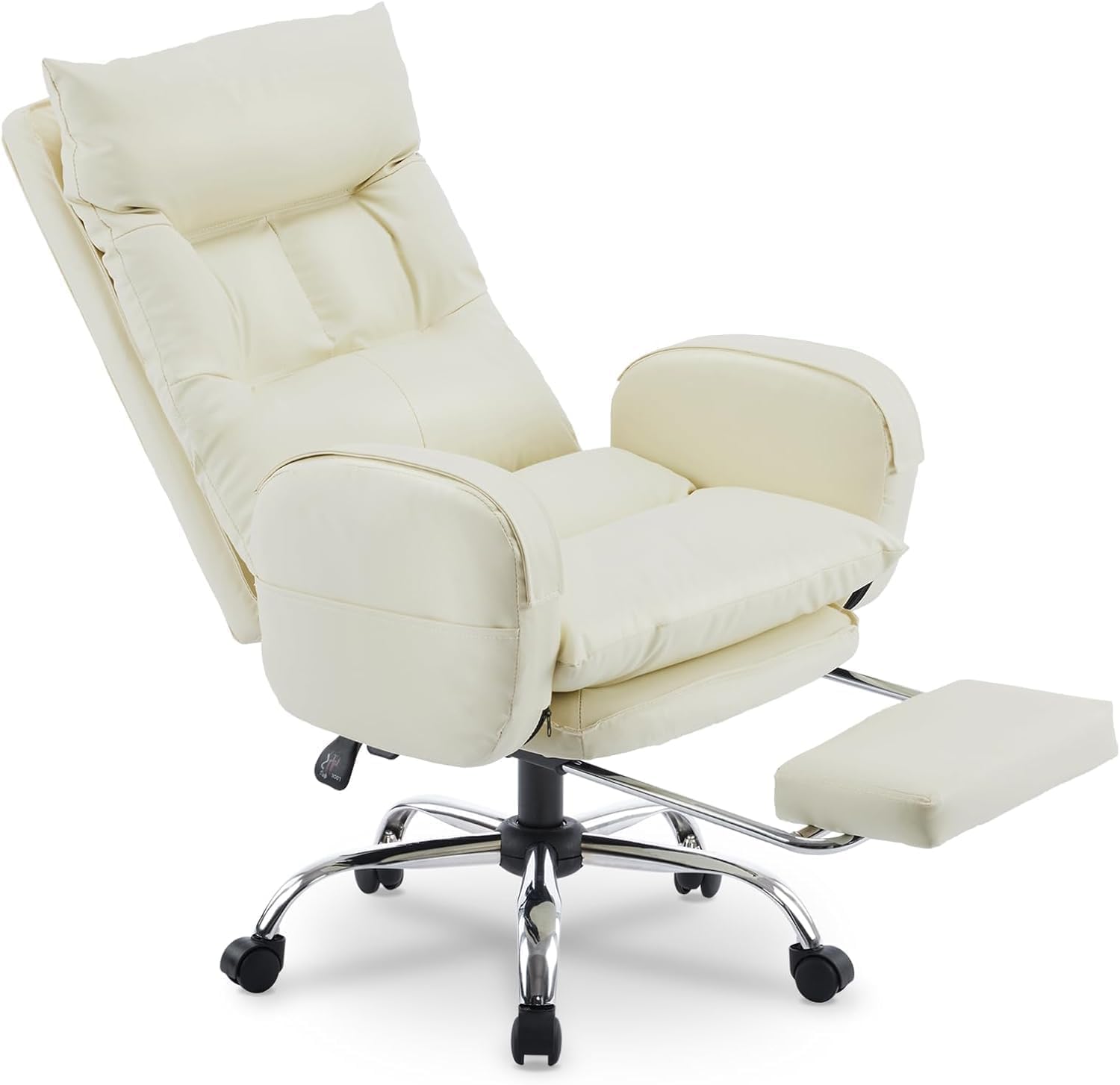 Home Office Chair with Footrest, High-Back PU Leather Computer Desk Chair, Executive Rolling Swivel Chairs with Leg Rest and Double Thick Cushion, White Office Chair (Cream White)
