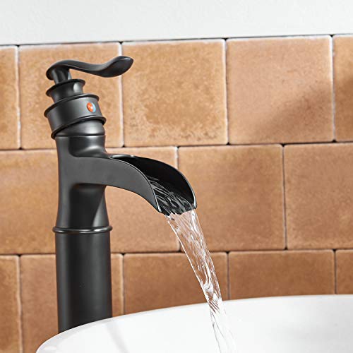 BWE Vessel Sink Faucet Waterfall Matte Black with Pop Up Drain Without Overflow and Supply Lines, Black Sink Faucet Bathroom One Handle Faucets Vanity Bath Mixer Tap