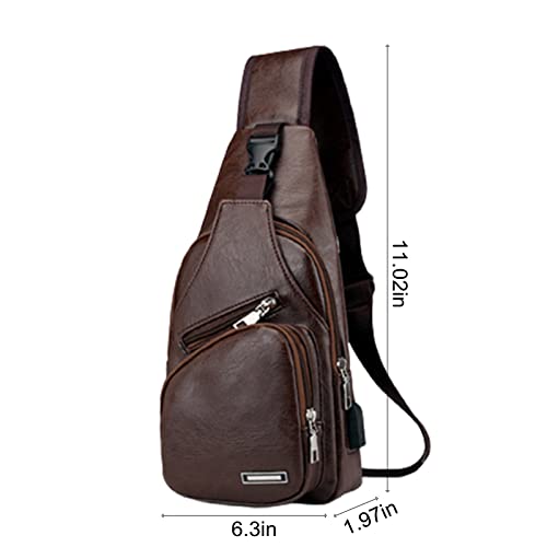 Crossbody Sling Bag,Men Women Waterproof Leather Sling Backpack Bag USB Charging,Small Chest Bag with Earphone Hole