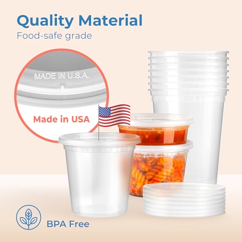 Fit Meal Prep 24 Pack 32 oz Deli Containers with Lids, US Made Airtight Leakproof Plastic Soup Container, Round Clear Quart Food Storage Containers for Takeout Restaurant, Microwave Freezer Safe