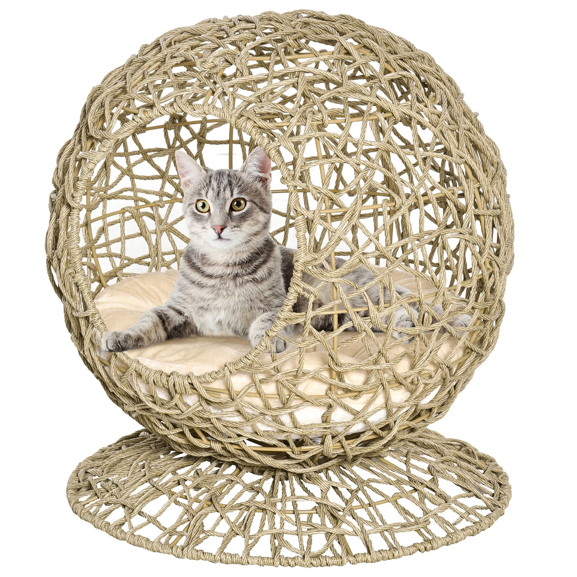 Glavbiku Rattan Elevated Cat Bed Kitty Condo with Soft Cushion,Wicker and Round Base, Brown