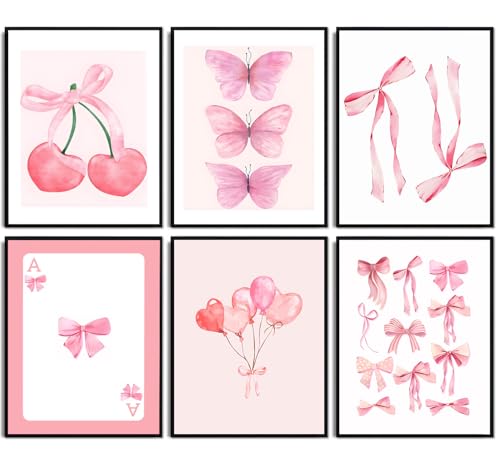 WYHLMTQ 6pcs Pink Bow Canvas Wall Art Trendy Cute Girly Watercolor Bows Prints Painting Room Aesthetic Wall Decor Preppy Posters Coquette Room Decor for Living Room Girls apartment 8x10in Unframed