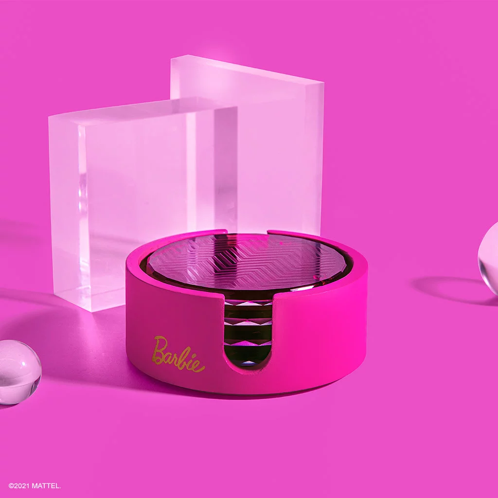 Barbie x Dragon Glassware Coasters, Pink Crystal Glass Coasters for Drinks, Barware for Coffee Table, Diamond Coaster Set with Holder, Set of 4