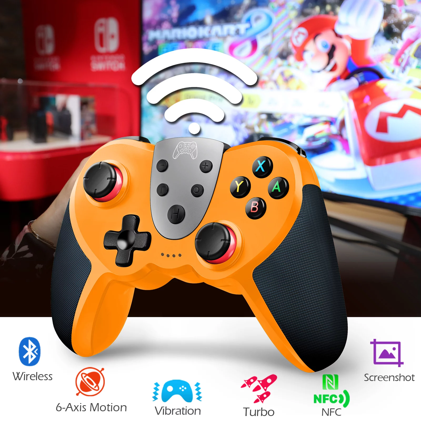YLW Switch Controller, Pro Wireless Controller for Switch, Switch Lite and Switch OLED, Realistic Game with 4 Vibration Levels,Adjustable Turbo Speed, NFC Technology(Orange)
