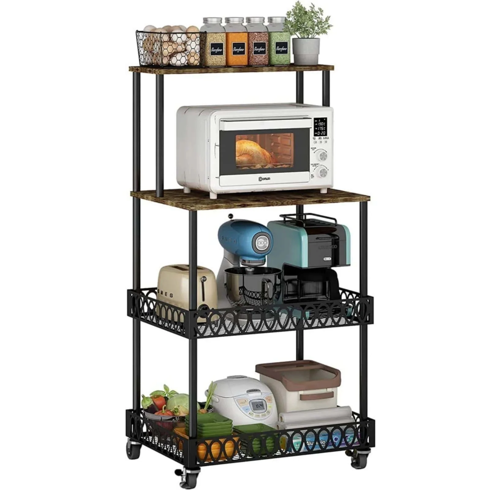 COOKCOK 4-Tier Kitchen Bakers Rack with Wheels, Heavy Duty Free Standing Bakers Racks for Kitchen with Storage, Upgraded Industrial Microwave Oven Stand Storage Rack, 23.6