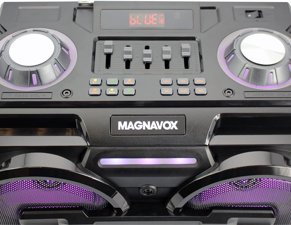 Magnavox MM438 Portable Micro Music System with Color Changing Lights FM Radio and Bluetooth Wireless Technology, USB, AUX , Micro SD Card Slot, 2 Microphone Inputs and Echo Controls, Bass Control