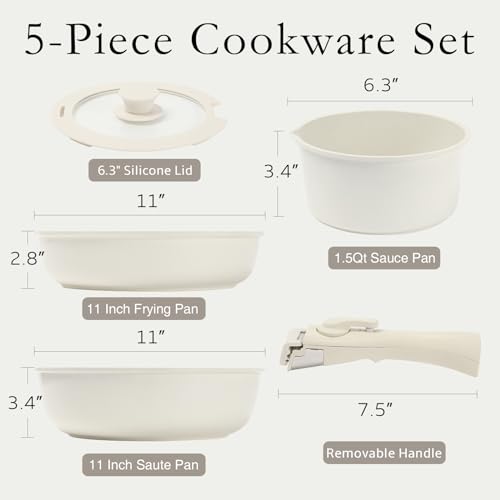 ESLITE LIFE Nonstick Cookware Sets with Detachable Handle, 5 Pcs Granite Coating Pots and Pans Set Kitchen Cooking Set, PFOA Free, Cream