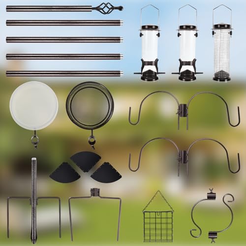 6-Hook Bird Feeding Station Kit, Wild Bird Feeder Stand Pole, Multi-Feeder Kit Stand with 4 Feeders, Bird Bath and Mesh Tray, 94 Inch
