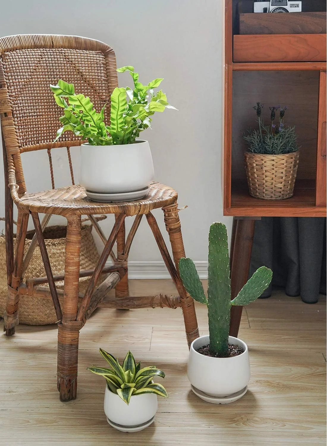 BEMAY 4.1+5.1+6.5 Inch Ceramic Plant Pots with Drainage Hole and Saucer, Set of 3, White