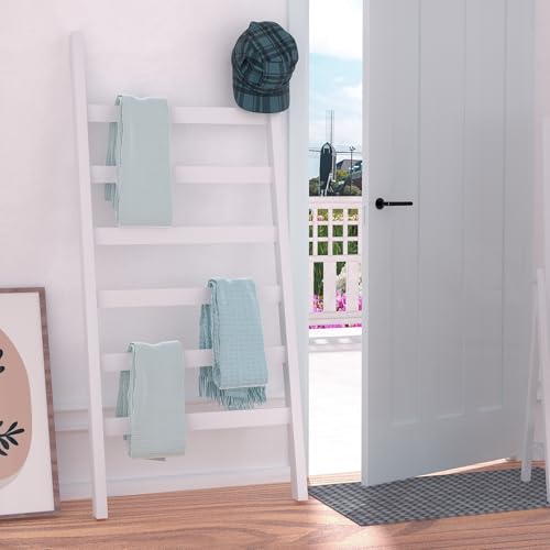 Blanket Ladder, 6 Tier Blanket Holder, 68.9 Inch Tall Blanket Rack, Ladder Shelf Against The Wall, Rustic Bamboo Quilt Rack Stand in Bathroom, Living Room, Bedroom, White