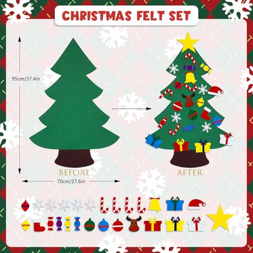 3.2 Ft Felt Christmas Tree with 25 Ornaments, DIY Felt Christmas Tree Set for Toddlers Kids Montessori, Hanging Ornaments DIY Tree Set Xmas New Year Wall Decorations-E
