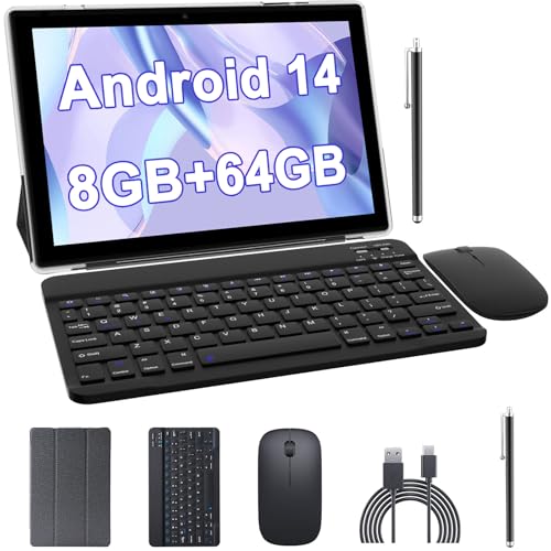 Android Tablet 10 inch 2 in 1 Tablets with Keyboard Case Mouse Stylus, 12GB RAM 128GB ROM 1TB Expand, Quad-Core 2.0GHz CPU Tablet PC, 5G WiFi 6 BT 5.0, 8MP Camera, Google Certified Tableta