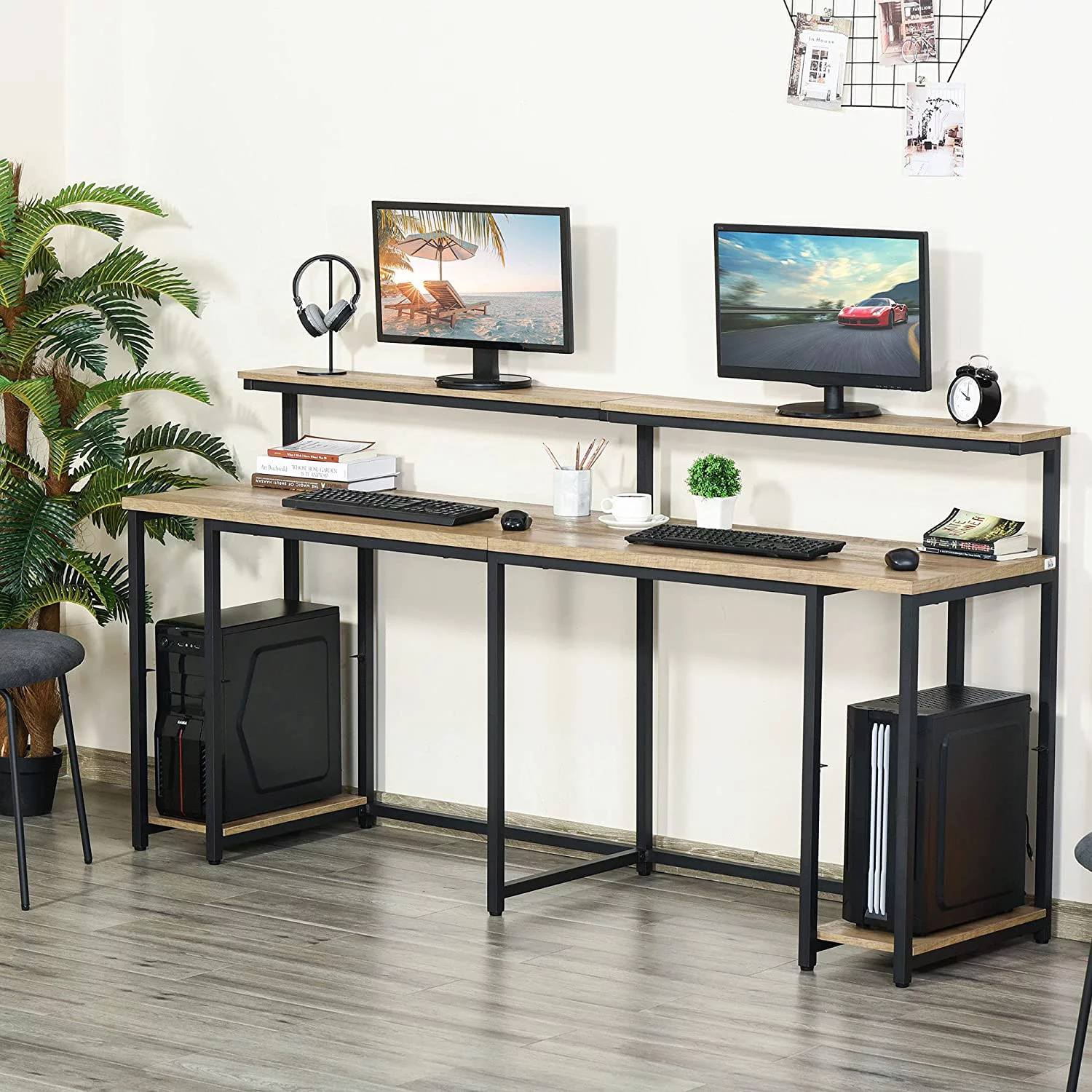 HJZBNONE 78.75 Inches Double Computer Desk for Two Person  Extra Long Home Office Desk with Monitor  and CPU Stand  Brown
