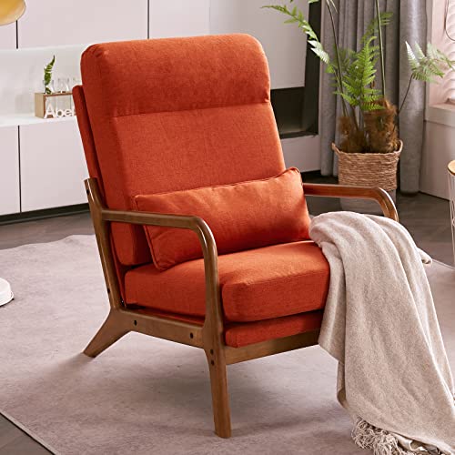 Bonnlo High Back Linen Beige Mid Century Modern Accent Chair, Soild Wood Padding Lounge Armchairs Side Sitting Chairs for Living Room, Bedroom, Guest Room