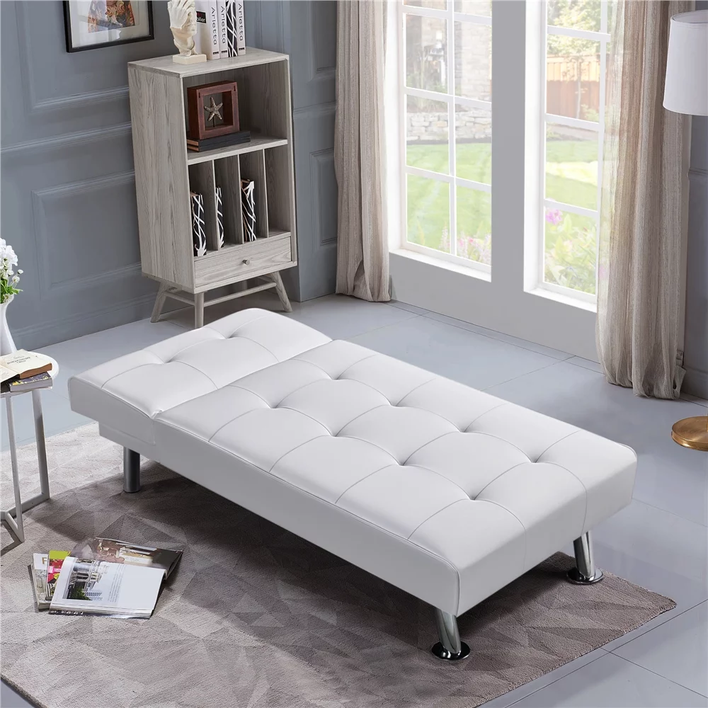 Easyfashion Convertible Faux Leather Futon Chaise Lounge, White