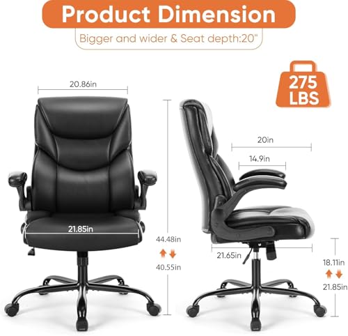 Sweetcrispy Ergonomic Computer Gaming Office Chair, Heavy Duty Task Desk Swivel Rolling Chairs with Wheels, Flip-up Arms, Adjustable Height, PU Leather, Black