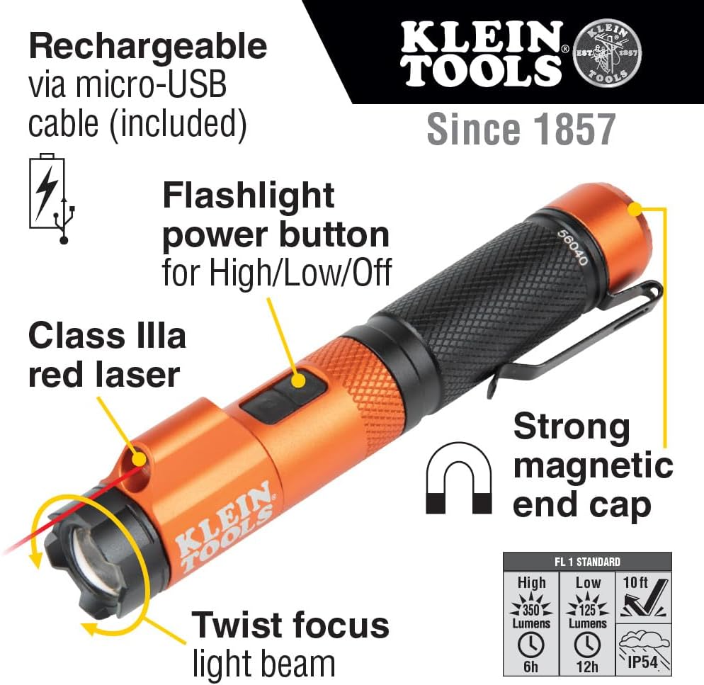 Klein Tools 56040 Magnetic LED Flashlight, 350 Lumen Rechargeable Flashlight, Twist Focus, Laser Pointer, Hands-Free, USB Charging Cable, for Work and Outdoor