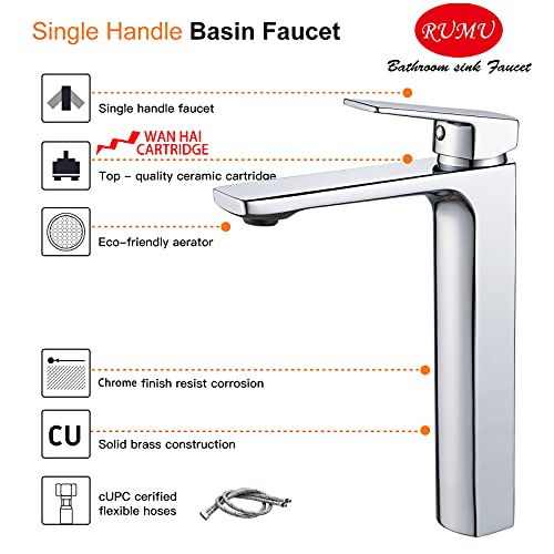 VOTON Vessel Sink Faucet Matte Black Tall Bathroom Faucet Single Handle Vanity Bathroom Sink Faucet 1 Hole Basin Mixer Tap with Water Supply Hose and Pop Up Sink Drain
