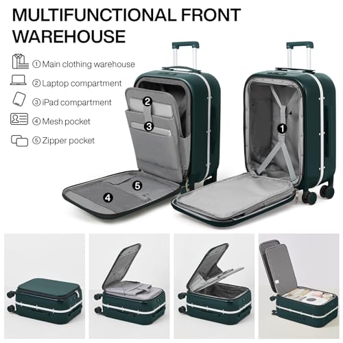 mixi Carry On Luggage, 20'' Suitcase with Front Laptop Pocket, Travel Rolling Luggage Aluminum Frame PC Hardside with Spinner Wheels & TSA Lock and Cover - Smoke White