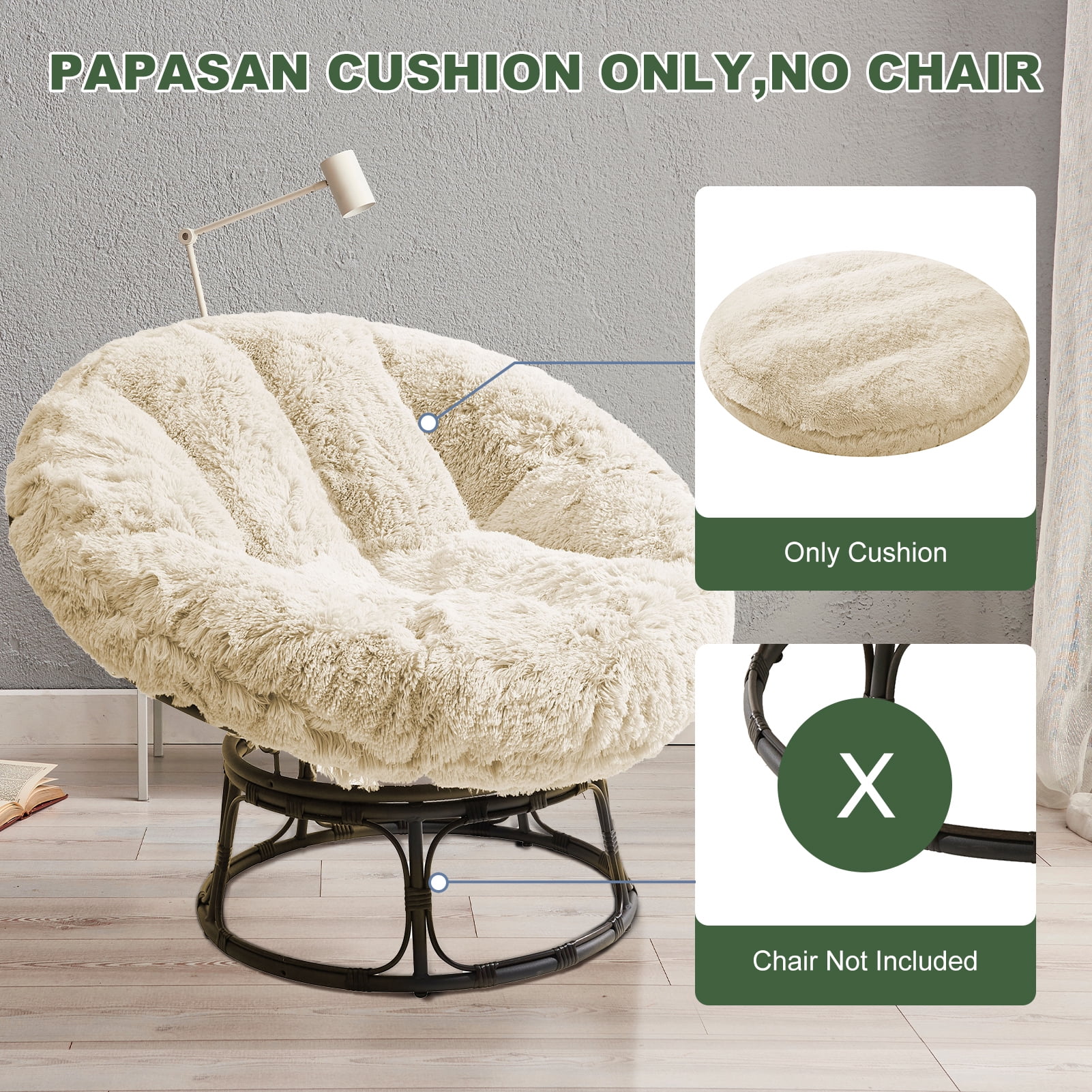 BYBYME Papasan Chair Cushion with Long Faux Fur Cover (Without Chair), 48X48 Inch Supportive Cushion, Fluffy and Furry Papasan Cushion Cover, White