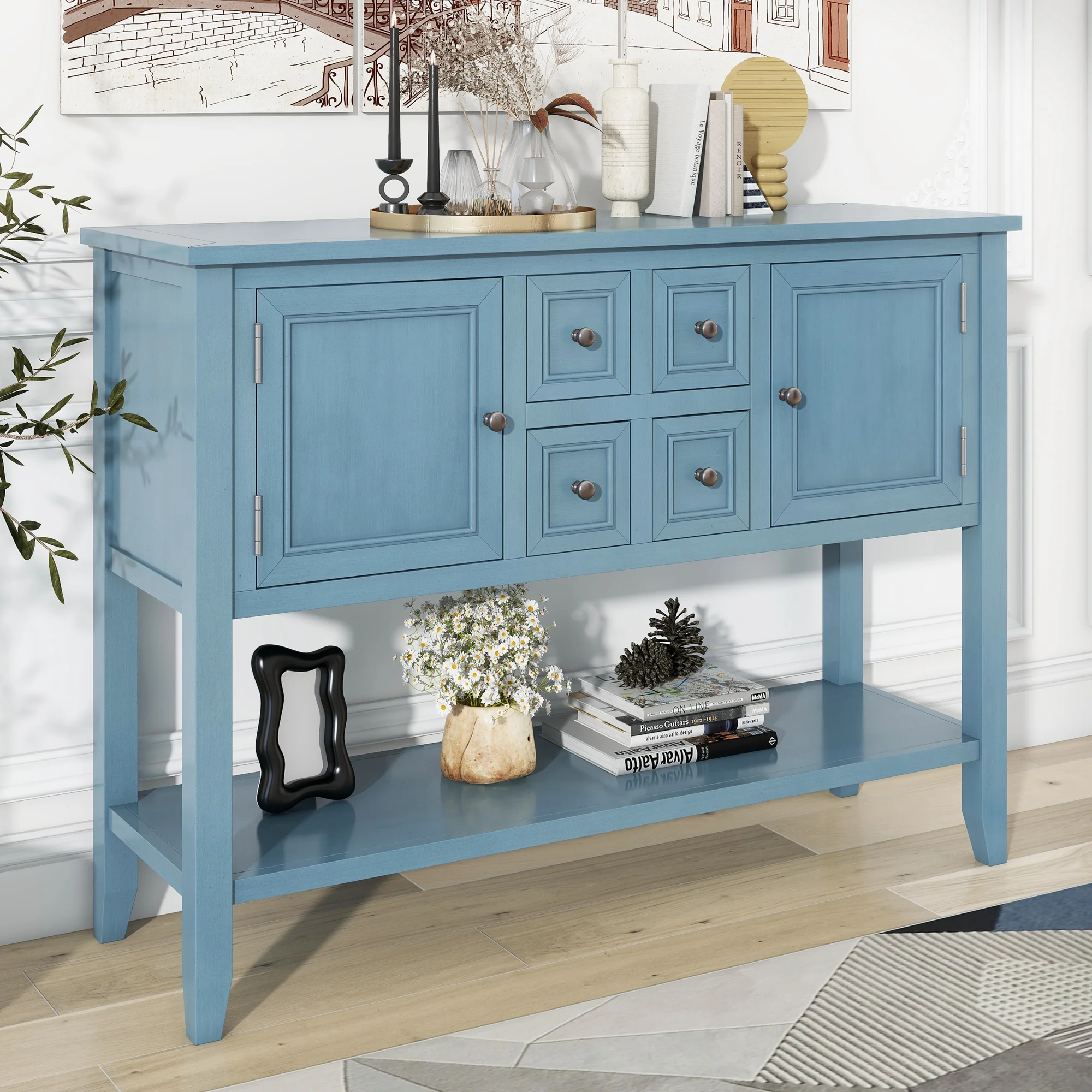 Nestfair Dark Blue Retro Sideboard Console Table with Drawers and Bottom Shelf