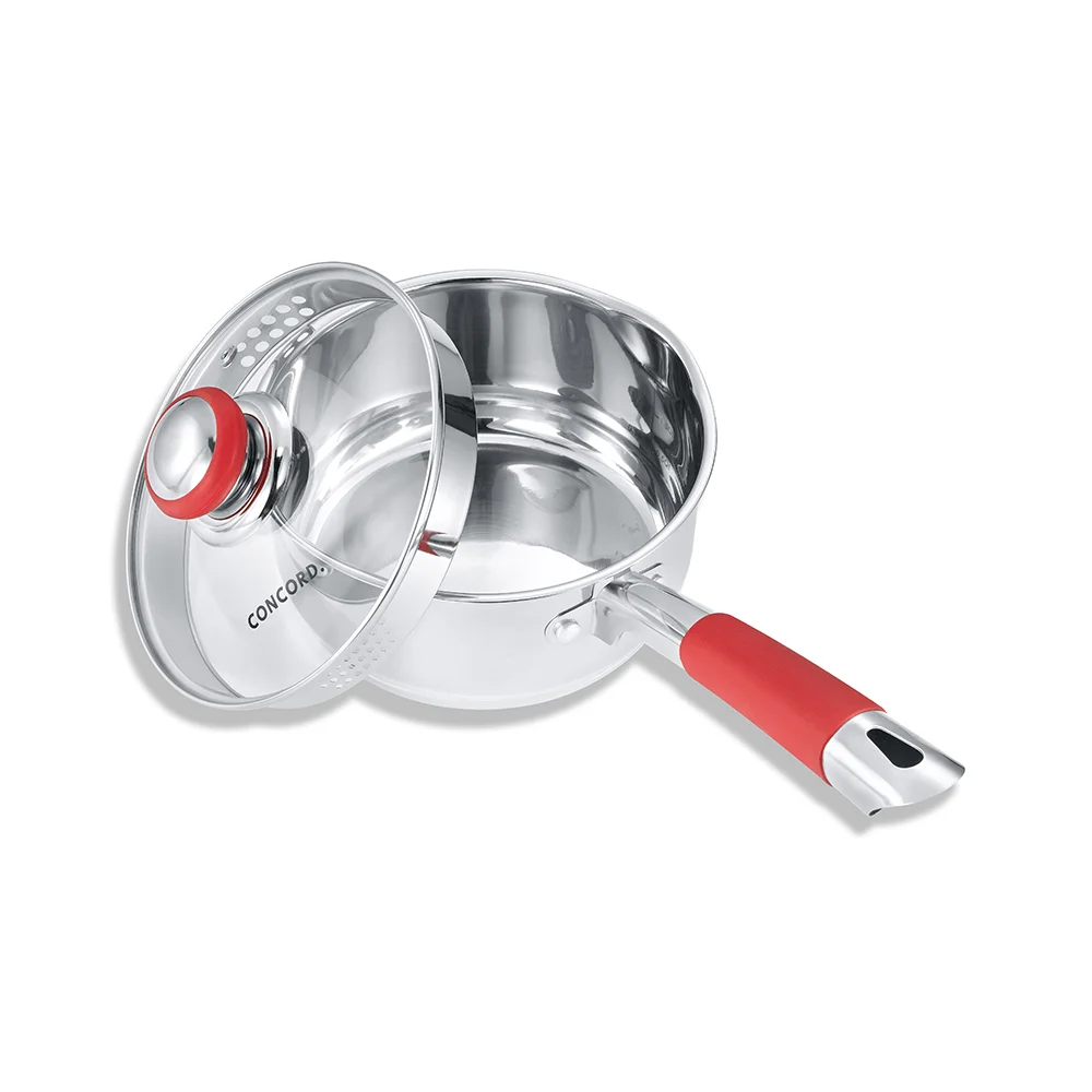 Concord 2 Quart Stainless Steel Saucepan with SIMPLE POUR Vented Glass Lid. Features Dual Pouring Spouts and Volume Marking. Perfect for making Sauces, Jam, Ramen, and more