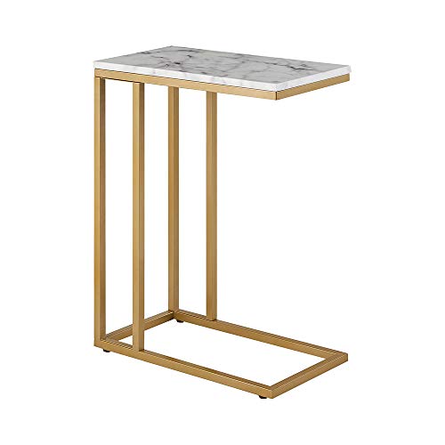 C-Shape Side End Table, Faux Marble Tray Snack Table with Metal Frame, Laptop Coffee Holder, Modern Furniture (Silver)