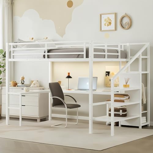 Bellemave Full Size Metal Loft Bed with L Shaped Desk and Wardrobe, Heavy Duty Loft Bed Frame with Storage Stairs, LED Loft Bed Frame with Charging Station & Safety Guardrails, Black