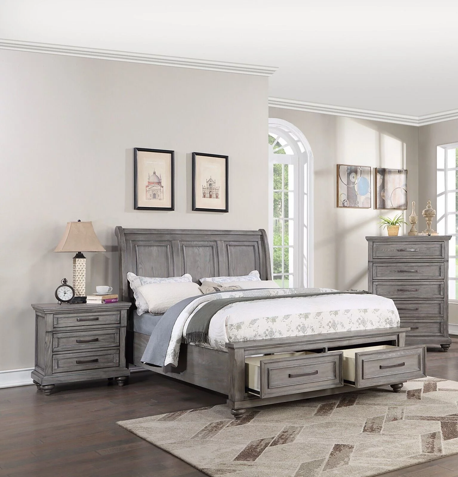Grey Finish Wooden Queen Size Bed 2x Nightstands 3pc Set Bedroom Furniture Sleigh 3-Panel Design Headboard Storage Footboard