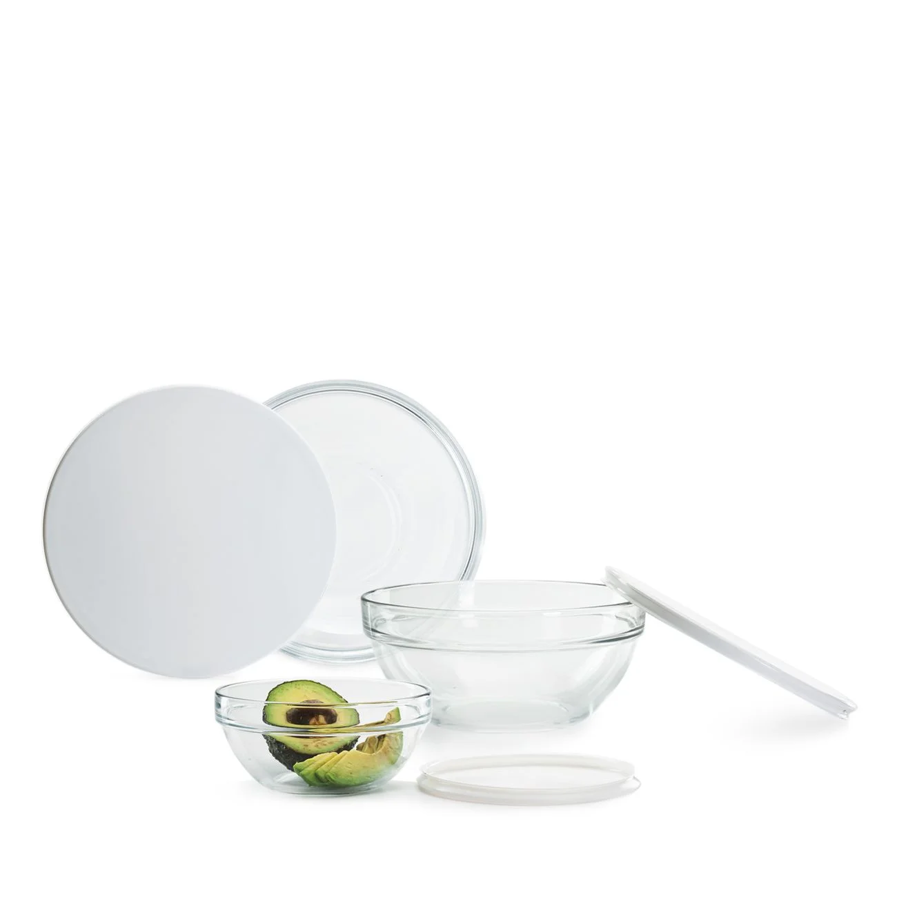 The Season Essentials Luminarc Stackable Bowls Set with White Lids, Stand, Clear