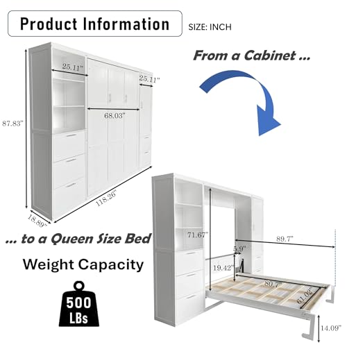 Queen Wooden Murphy Bed Wall Bed with Built-in Closets, Drawers, and Shelving, Space Saving Folding Cabinet Bed w/Dual Piston for Guest Room, Bedroom, No Box Spring Needed, White