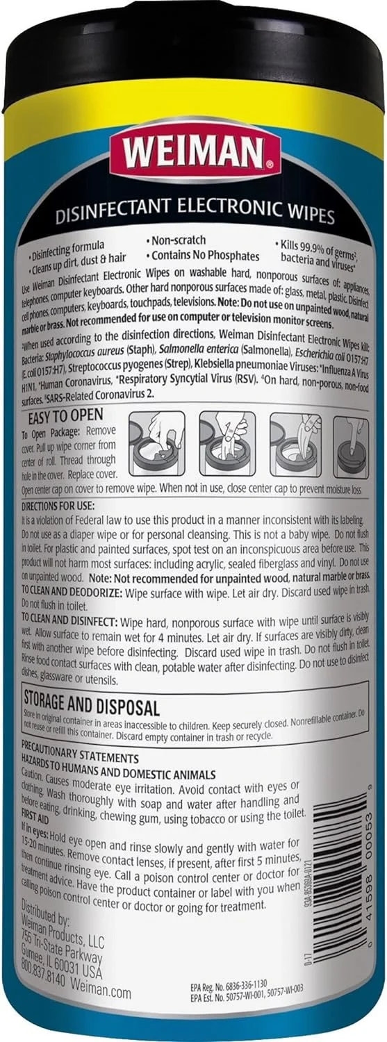 Weiman Disinfecting Electronic Cleaning Wipes, 30 Count